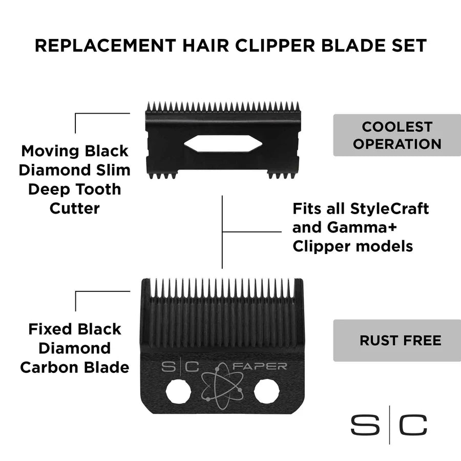 SC StyleCraft Clipper Blade Set Black Diamond Carbon DLC Faper Blade and Slim Deep Tooth Cutting Blade Set