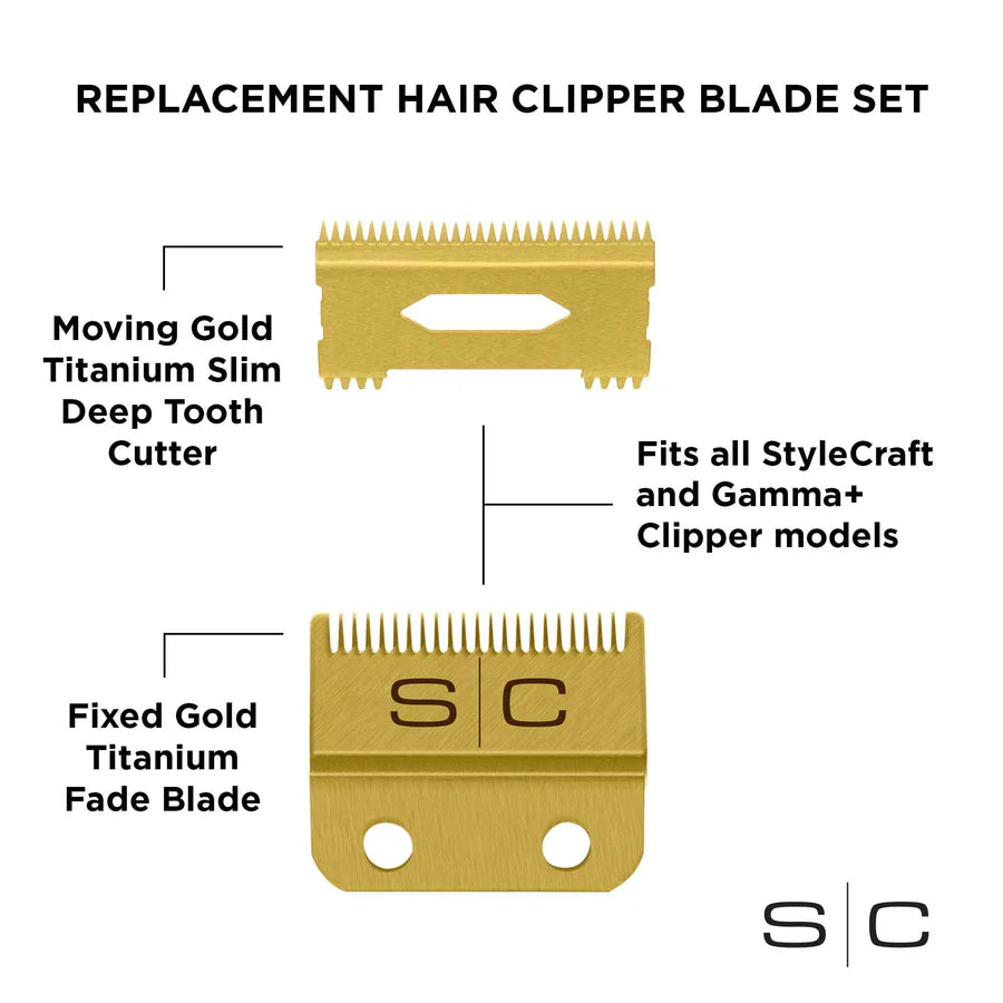 SC StyleCraft Clipper Blade Set - Gold Fade Blade and Gold Slim Deep Blade Set